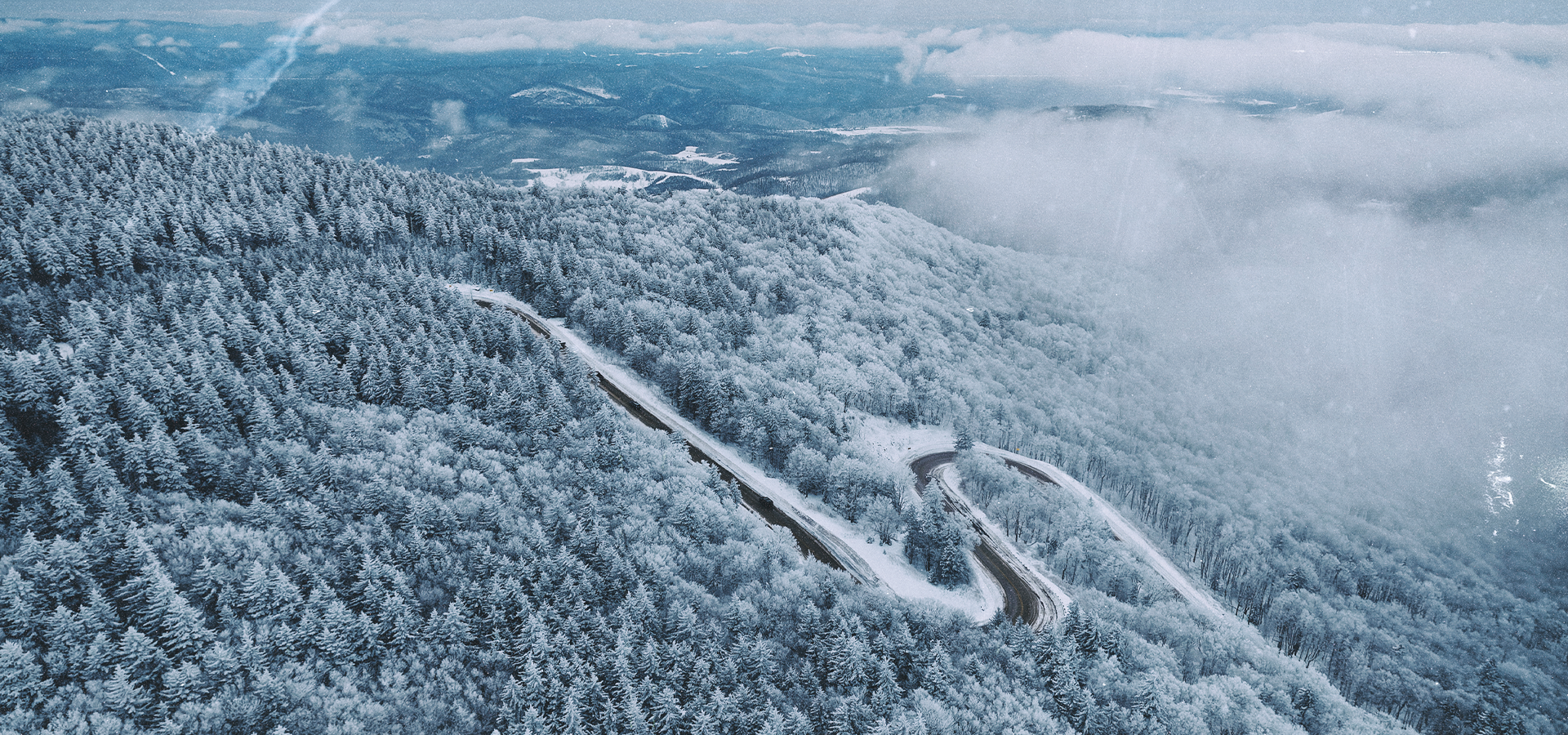 Aerial shot of mountain and snow-covered trees at Snowshoe Mountain